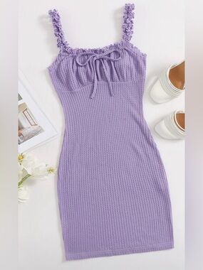 SHEIN Lavender Ruffle-strap Knit Tie-front Mini Dress